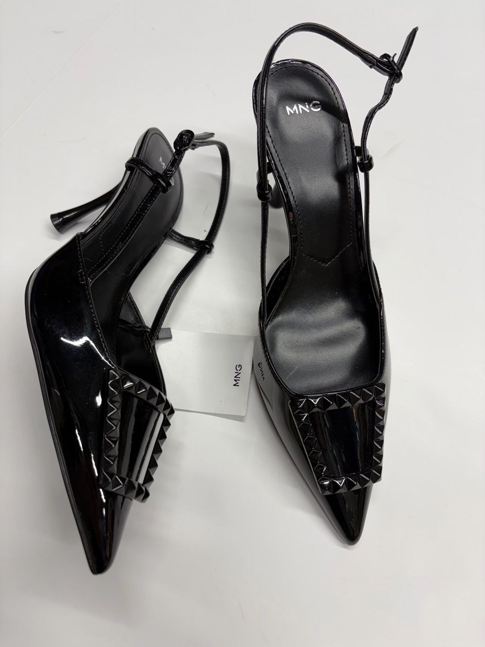 NEW Mango MNG 7.5 / 38 Black Patent Pointed Slingback kitten Heel Studded Buckle